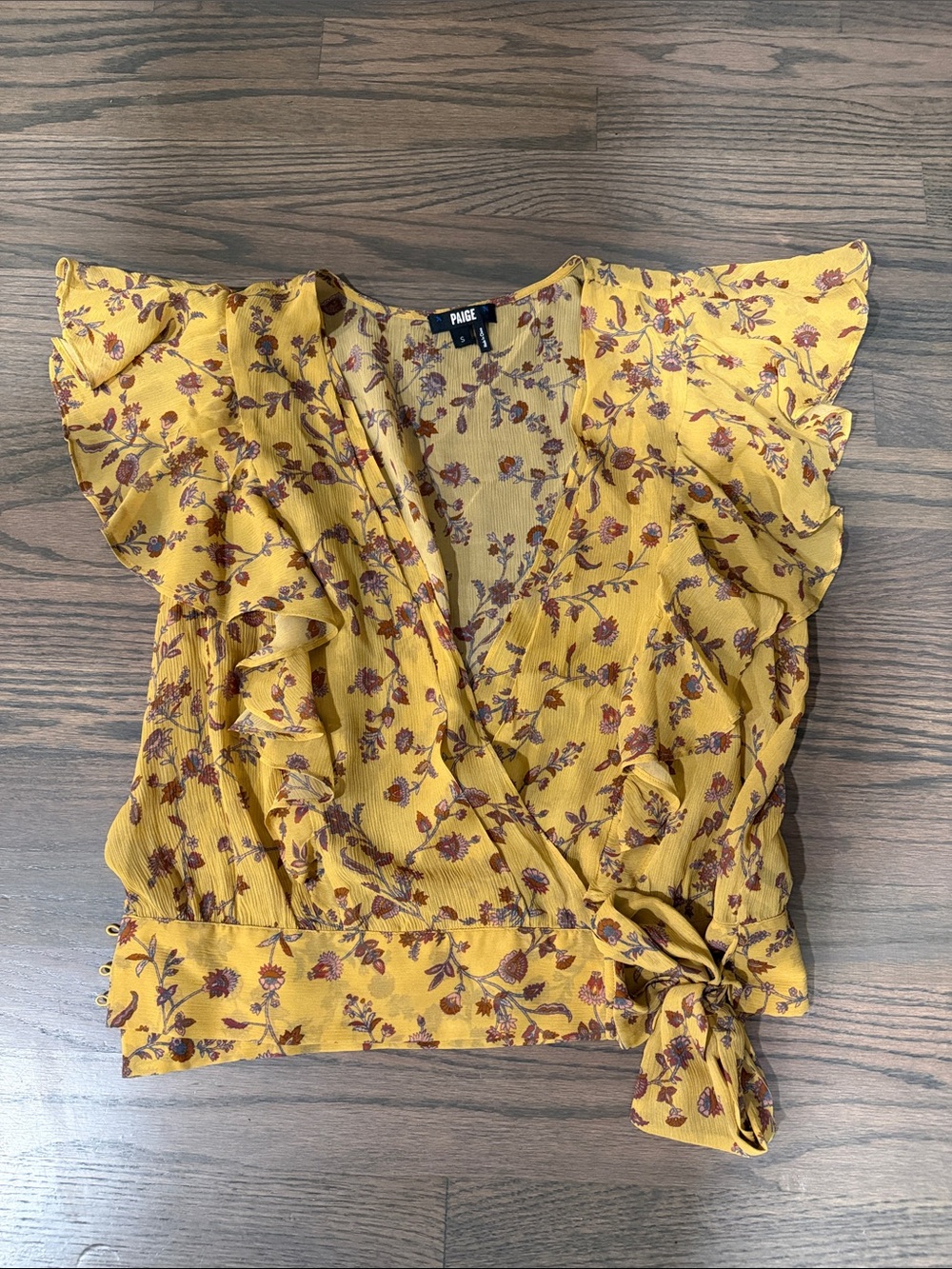 PAIGE Mustard Floral Wrap Blouse with Ruffle Sleeves